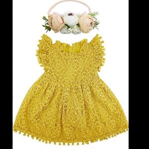 NWT Baby Girl Tutu Dress Elegant Lace PomPom Flutter Sleeve w/Flower Headband